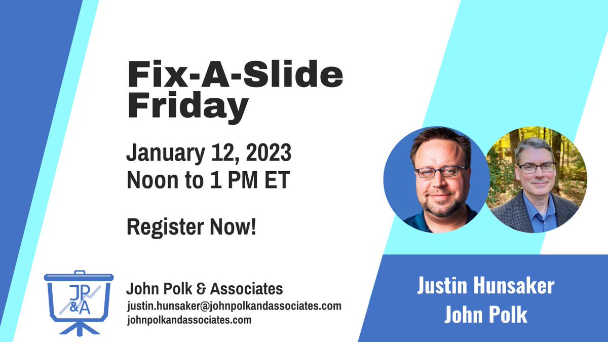 Resolve to fix your slides at Fix-A-Slide Friday on 1/12 at noon ET. Send us your slides to improve or learn new tricks as we fix someone else’s slides. Register here: linkedin.com/events/fix-a-s….