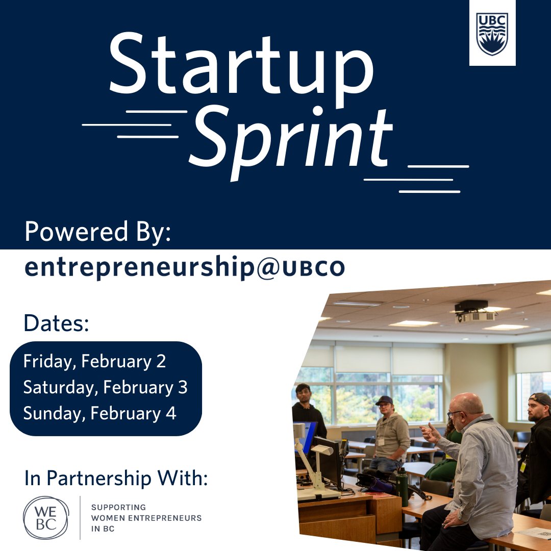 We are partnering with e@UBCO for Startup Sprint from Feb 2-4, 2024! The program is FREE to anyone seeking to build their entrepreneurial skillset. Apply by Monday, January 22, to secure your spot.  Learn More👇🏼 eventbrite.ca/e/eubco-startu…