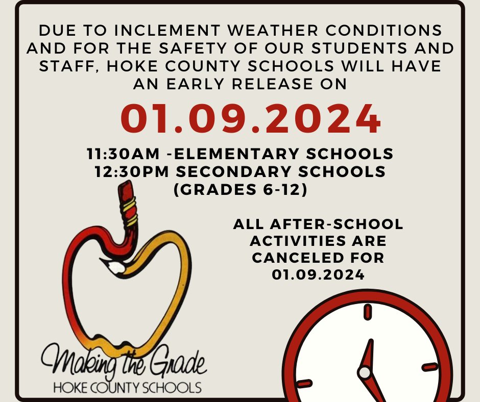 HokeCoSchools's tweet photo. The above information may be subject to change based on inclement or severe weather status for 01.09.2024 Updates may be provided/released after 6:00pm tonight. A decision relating to 01.09.2024, will also be made depending upon inclement or severe weather status for 01.09.24 https://t.co/Ur7MPZlLCN