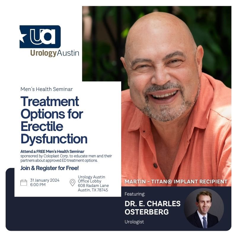 We invite you to attend a FREE seminar to learn about approved ED treatment options! Join Dr. Charles Osterberg &amp; hear from a special guest speaker sharing their firsthand experience as a patient who discovered a lasting solution for ED. Register today! bit.ly/UrologyAustinO…