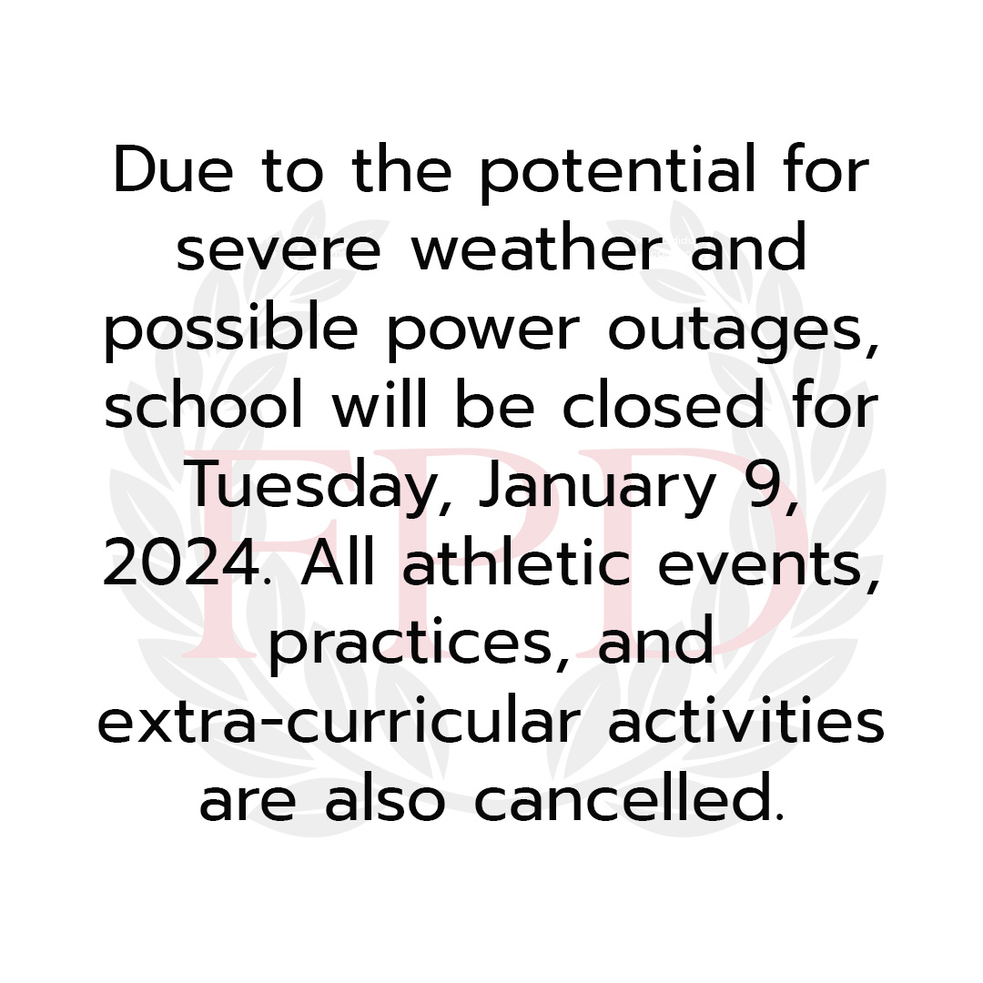 FPD will be closed due to the potential for severe weather on Tuesday, January 9, 2024. 

More information is available here: ow.ly/qQZq50Qp05v