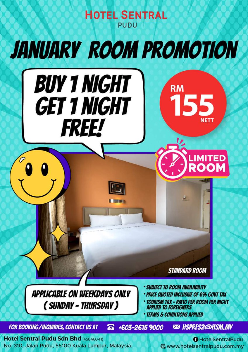 HotelSentralMy's tweet image. Escape the winter blues with our exclusive January Room Promotion! 🏨❄️ Book 1 night and get the 2nd night absolutely 𝐅𝐑𝐄𝐄! 🎉✨

#HotelSentralPudu #HotelSentralGroup #JanuaryPromotion #KL #KualaLumpur #CutiCutiMalaysia #LaLaportBBCC #ZeepKL