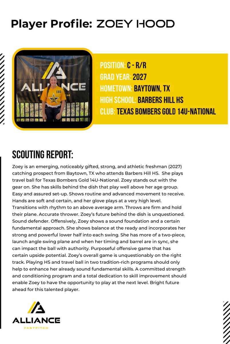 ZoeyHood2027's tweet photo. Thank you @thealliancefp &amp; @Starsof_Tom for the scouting report! Had a great time at the ID camp! A big thanks always to my coaches! @bh_softball @BombersTexas @bombers_academy @KristiMalpass @vasquezmarky @_VqTraining_ Kelly Collins https://t.co/ceiLL75DWz
