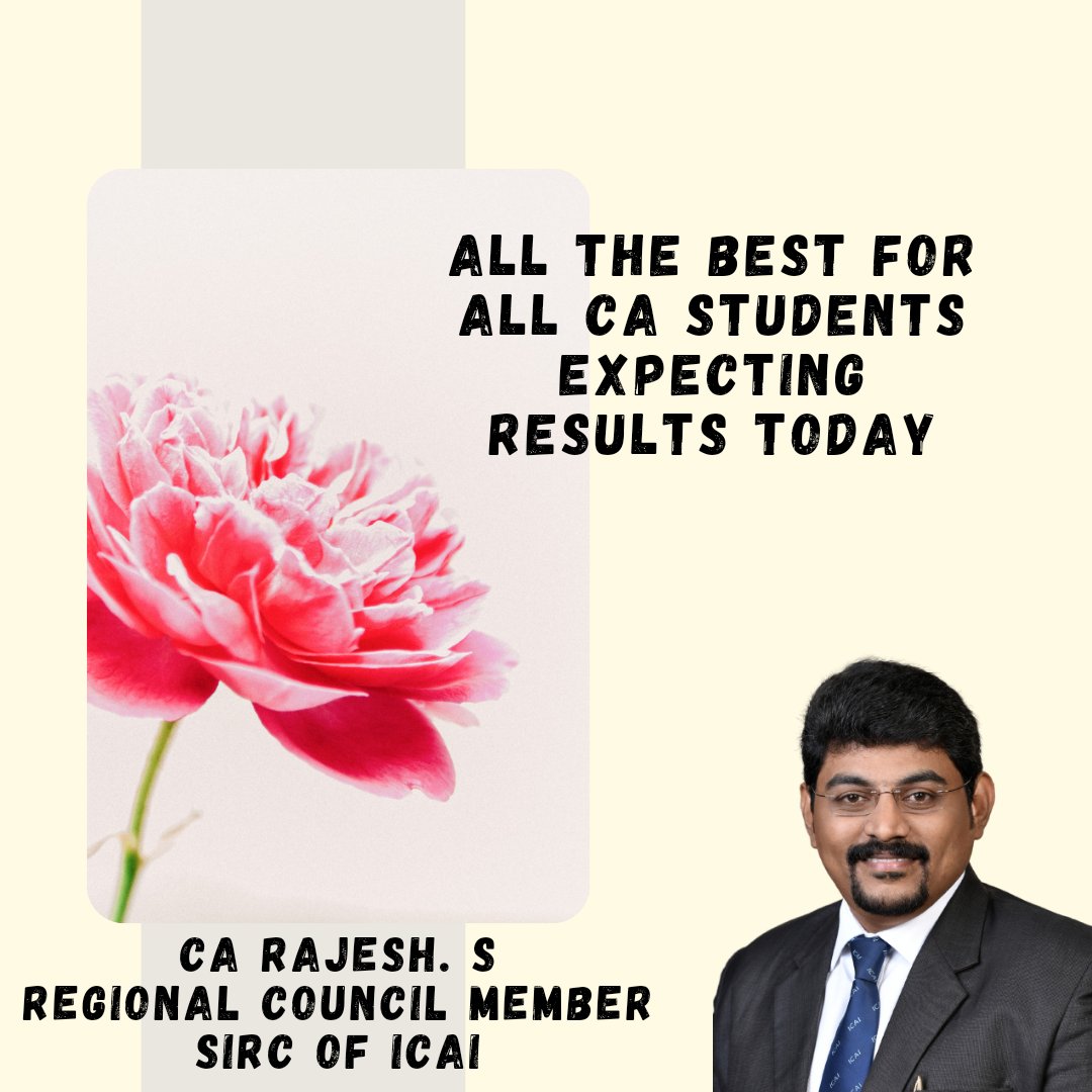 casrajesh's tweet photo. The results of CA Final and CA Inter Examinations will be declared today by about 10 AM. 
Best Wishes to all the students who appeared for the exams. https://t.co/WeKGh2oypm