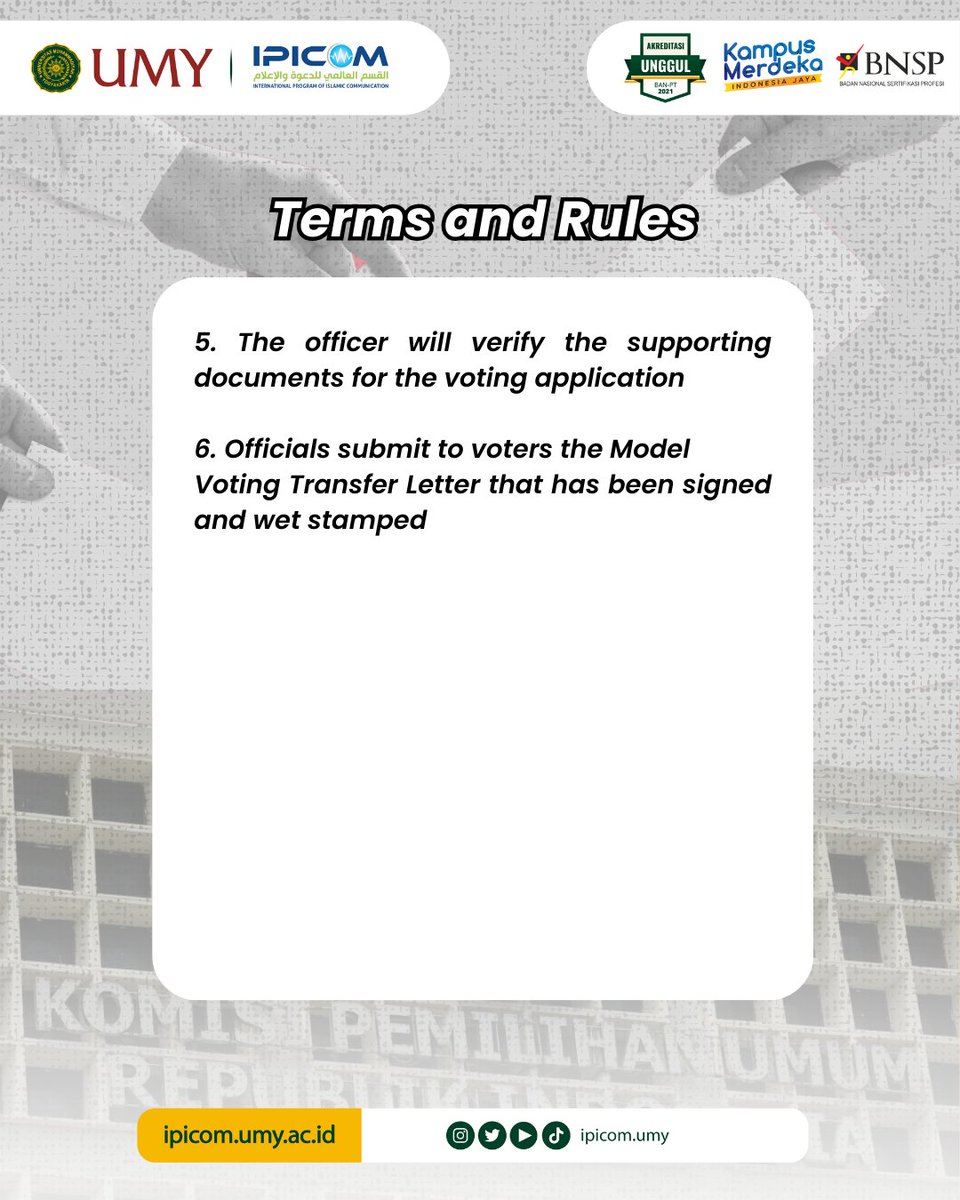 Hello IPICOMers👋🏼👋🏼.
You don't need to go home to get your voting rights on Indonesian National Election!.
Vote at UMY Exclusive Voting Place Only for UMY Civitas Academica

Swipe for full information!
More information :
@lpka_umy

#pemilu #indonesiaelection #ipicom #kpiumy