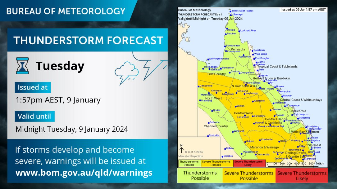 ⛈️Updated forecast today: Severe thunderstorm likely (red) area removed as conditions have eased. Severe thunderstorm possible (yellow) area contracted away from Brisbane and the Gold Coast, but extended into the Wide Bay and Burnett District. Warnings: bom.gov.au/qld/warnings/