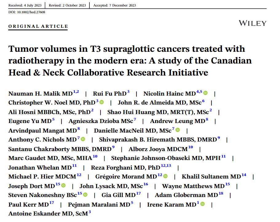 Nauman Malik (نعمان) (@naummalik) on Twitter photo Follow up to our previous multi-institutional work in T3 glottic ca.
We examined tumor volume and outcomes in T3 supraglottic cancers treated with RT (1/5)
Thank you to all collaborators 🙏
onlinelibrary.wiley.com/doi/full/10.10…
<a href="/ENT_Canada/">CSOHNS</a> <a href="/CSOHNS_CRI/">CSO HNS Collaborative Research Initiative</a> <a href="/Sunnybrook/">Sunnybrook Health Sciences Centre</a> <a href="/DrTonyEskander/">Antoine Eskander MD ScM</a> <a href="/UofTDRO/">Radiation Oncology</a> Follow up to our previous multi-institutional work in T3 glottic ca.
We examined tumor volume and outcomes in T3 supraglottic cancers treated with RT (1/5)
Thank you to all collaborators 🙏
onlinelibrary.wiley.com/doi/full/10.10…
<a href="/ENT_Canada/">CSOHNS</a> <a href="/CSOHNS_CRI/">CSO HNS Collaborative Research Initiative</a> <a href="/Sunnybrook/">Sunnybrook Health Sciences Centre</a> <a href="/DrTonyEskander/">Antoine Eskander MD ScM</a> <a href="/UofTDRO/">Radiation Oncology</a>
