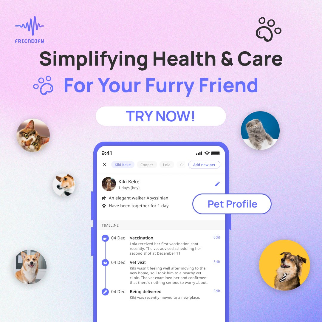 FriendifyGPT's tweet photo. Keeping tabs on vaccinations, vet visits and grooming is daunting with a furry clan?
Friendify to the rescue! Your multi-pet chaos now sorted in a stress-free way: https://t.co/9bCNEMv6GV
#friendify #aipetdoctor #petcare #pets #petlovers #veterinary #vet #doglovers #dog #pet #cat https://t.co/ovAsumx31y