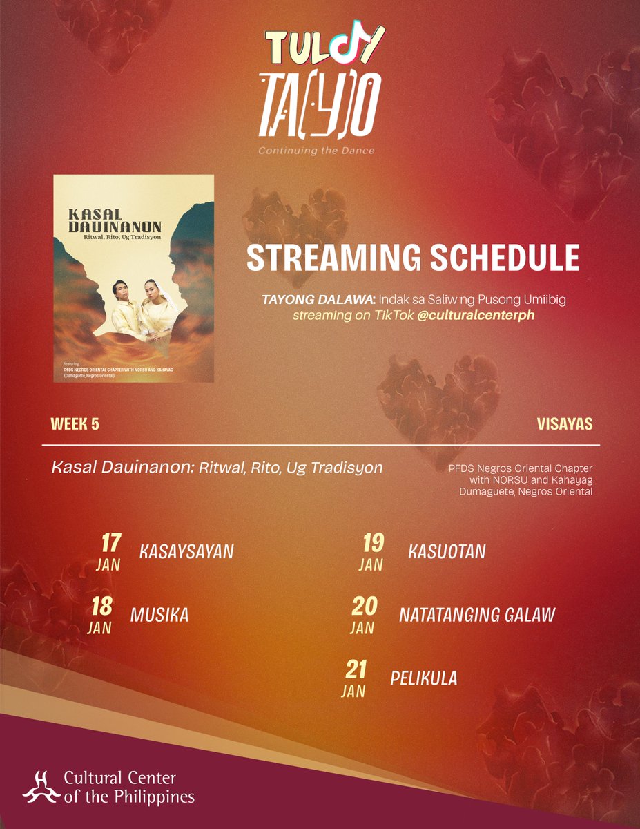 TA(Y)O na sa Tiktok at panoorin ang 'Kasal Dauinanon,' isang katutubong sayaw na itatanghal ng PFDS Negros Oriental Chapter kasama ang NORSU at Kahayag Dumaguete, Negros Oriental.

To watch the videos, Follow the CCP Tiktok account @culturalcenterph

#CCPTayongDalawa