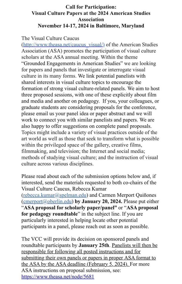 RebbieK's tweet image. CFP for Visual Culture Caucus sponsored panels for ASA 2024. Please circulate.