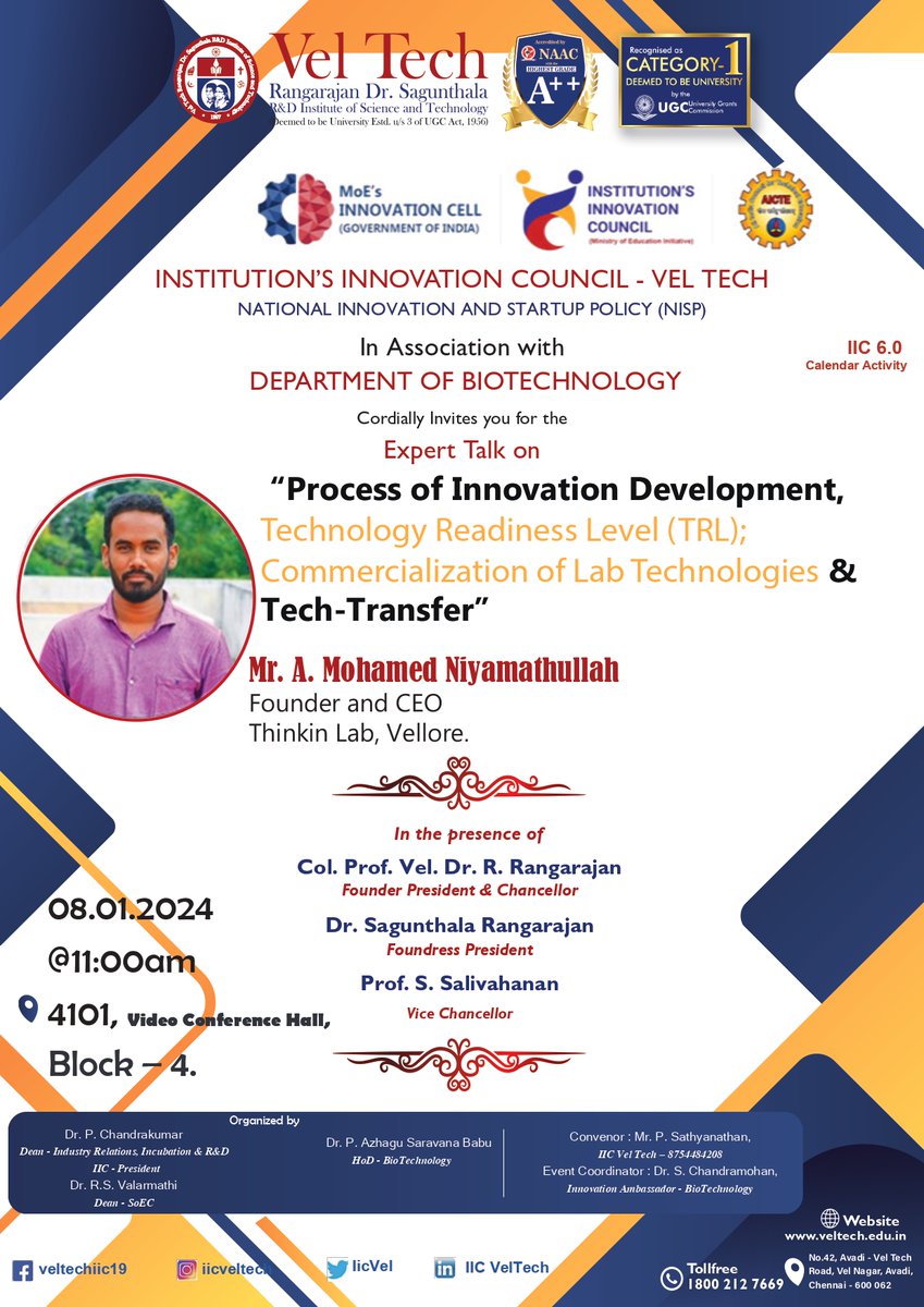 IicVel's tweet photo. IIC - Vel Tech &amp; BioTechnology Organized 

Expert Talk on “Process of Innovation Development, Technology Readiness Level (TRL); Commercialization of Lab Technologies &amp; Tech-Transfer”

Date: 08.01.2024   Time: 11:00am

Venue: 4101, Video Conference Hall, Block – 4. https://t.co/aIxmMqWgPP