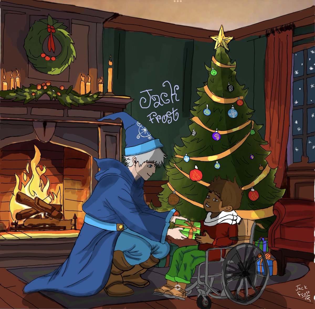 #SpiralHolidayArt #Wizard101 my character, Jack Frost, giving a gift to my little brother. I love him with all my heart.