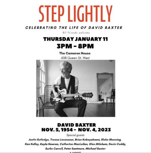 This is happening Thursday, <a href="/TheCameronHouse/">Cameron House</a>. In celebration of the late David Baxter. You can read about David here (gift article): theglobeandmail.com/gift/9ef29559a…