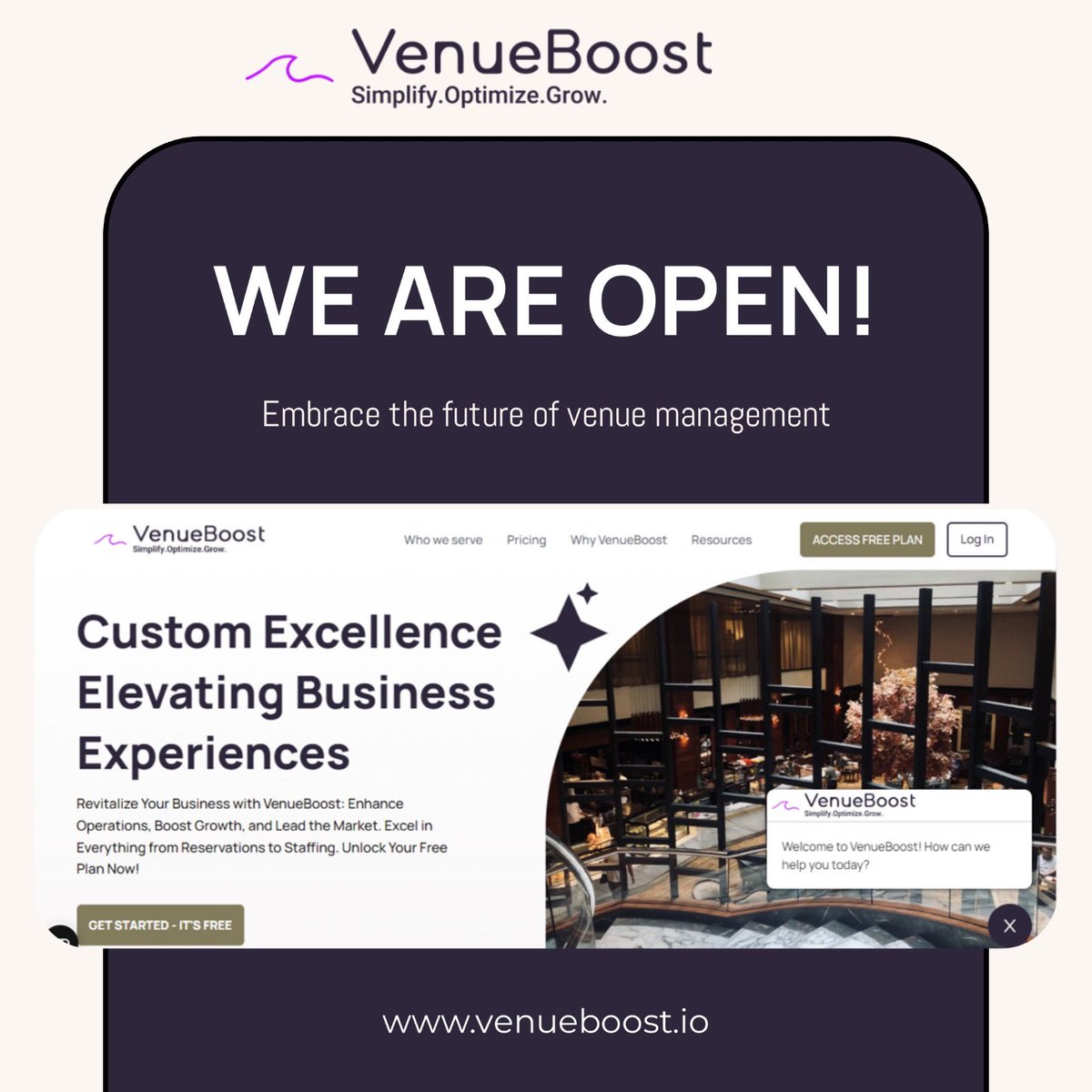 VenueBoostInc's tweet photo. 🚀 We're thrilled to announce our official launch. Simplify your operations, optimize your potential, and grow with us. Explore our Freemium plan or Free Trials and experience the power of VenueBoost at no cost.
https://t.co/4KDdl5HuPs
#VenueBoost #SimplifyOptimizeGrow https://t.co/Vn6we7VzoE