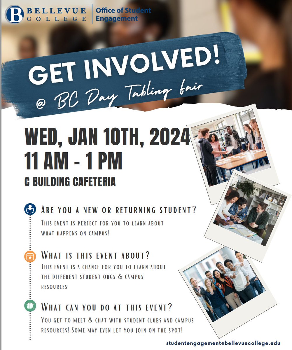 Coming Weds 1/10,  11 - 1 in the Student Union Building Cafeteria:  
Meet student org leaders, club members, and campus resource representatives! Find out about the organizations that are active, upcoming fun events, how to start a group of your own, and more!
#GetInvolvedAtBC