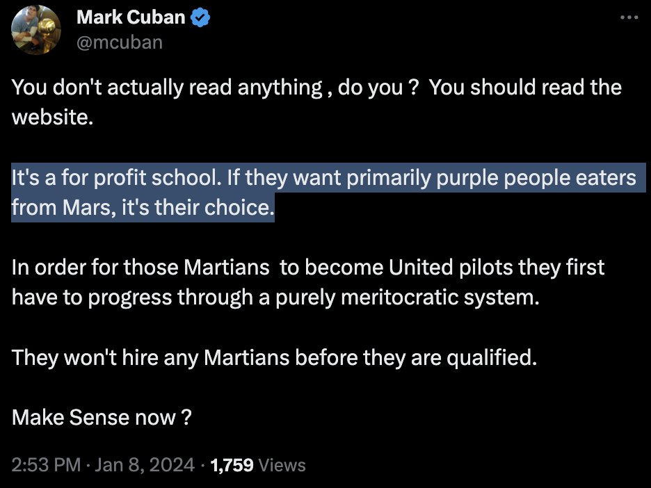 TheRabbitHole's tweet photo. Let's switch around some words:

"It's a for profit school. If they want primarily White Men from Alabama, it's their choice."

If the idea of an institution specifically seeking out White Male candidates makes you uncomfortable, then the idea of an institution specifically seeking out candidates of any specific demographic should make you uncomfortable.

Title VII of the Civil Rights Act of 1964 prohibits employment discrimination based on race, color, religion, sex and national origin.

If we are going to be a nation that opposes demographic discrimination, then let's be consistent in our principles.

DEI is just bigotry with better branding. Don't fall for it and reject this horrible ideology.