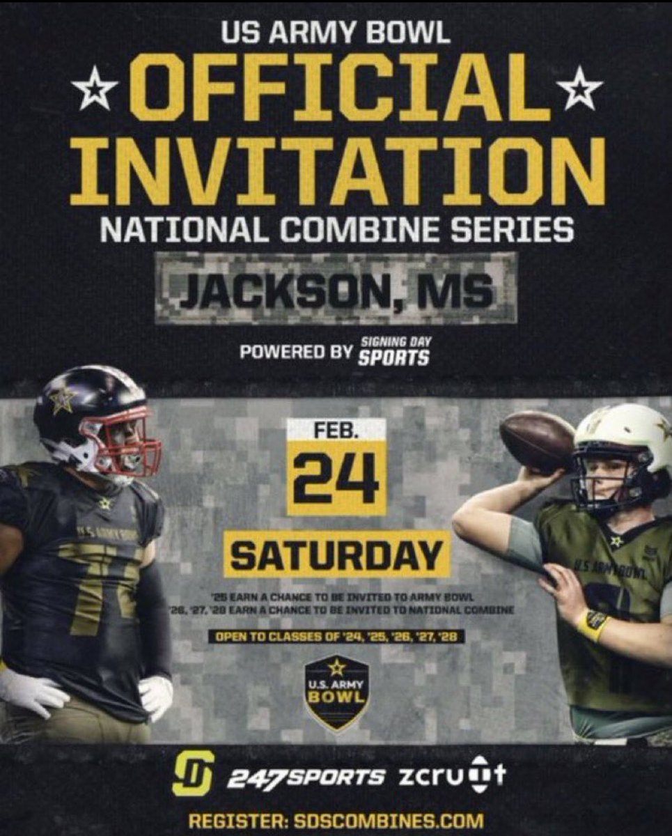 Blessed to be invited! <a href="/COACHJGZ/">Javier Gonzalez</a> <a href="/ArmyBowlCombine/">USArmyBowlCombine</a> <a href="/USArmyBowl/">Military Appreciation Bowl Week</a> <a href="/LawrencHopkins/">Lawrence Hopkins</a> <a href="/SDSports/">Signing Day Sports</a> <a href="/JeffHecklinski/">Jeff Hecklinski</a> <a href="/MattSeiler_SDS/">Matt Seiler</a>