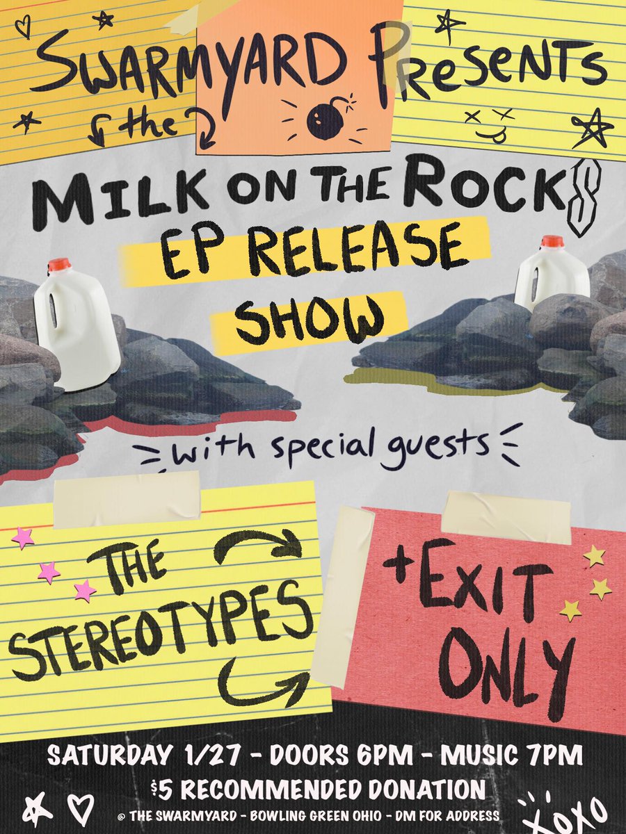 BeautRatRecords's tweet photo. JANUARY 27

SWARMYARD PRESENTS!

Milk on the Rocks EP release show!!
with The Stereotypes and Exit Only

Bowling Green, OH

$5 recommend donation, DM for address

Flyer art by Quinn Taylor https://t.co/lmurqlaVSD