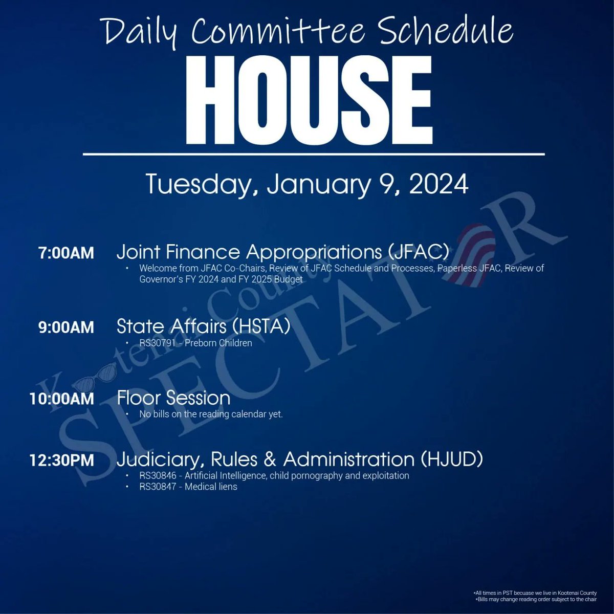 kcspectator's tweet photo. Tomorrow, Tuesday, January 9, is the first full day of the 2024 Idaho Legislative Session! 👏👏
I am bringing back the daily committee/floor updates so that everyone can follow along with bills during the session.
#idpol #idaho #2024legislativesession #legislature #legislation https://t.co/9xve0LA4PY