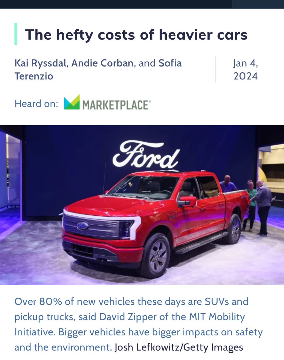 “For decades, people who buy enormous, very heavy cars have been creating societal costs that they aren’t paying for. That’s what’s called a market failure.” — <a href="/DavidZipper/">David Zipper</a> in <a href="/Marketplace/">Marketplace</a> calls for building societal costs into vehicle choices/purchases. marketplace.org/2024/01/04/the…