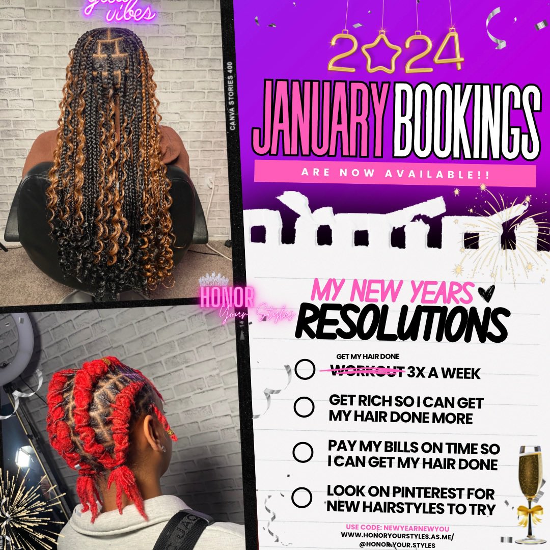 It’s a New Year…which means it’s time for a NEW HAIRSTYLE!!😍 Step into 2024 looking your BEST with Honor Your Styles!💜✨

honoryourstyles.as.me

instagram.com/honor.your.sty…

#ncathair #ncat25 #ncat24 #ncat23 #uncghair #greensborobraider #greensboroloctician #honoryourstyles