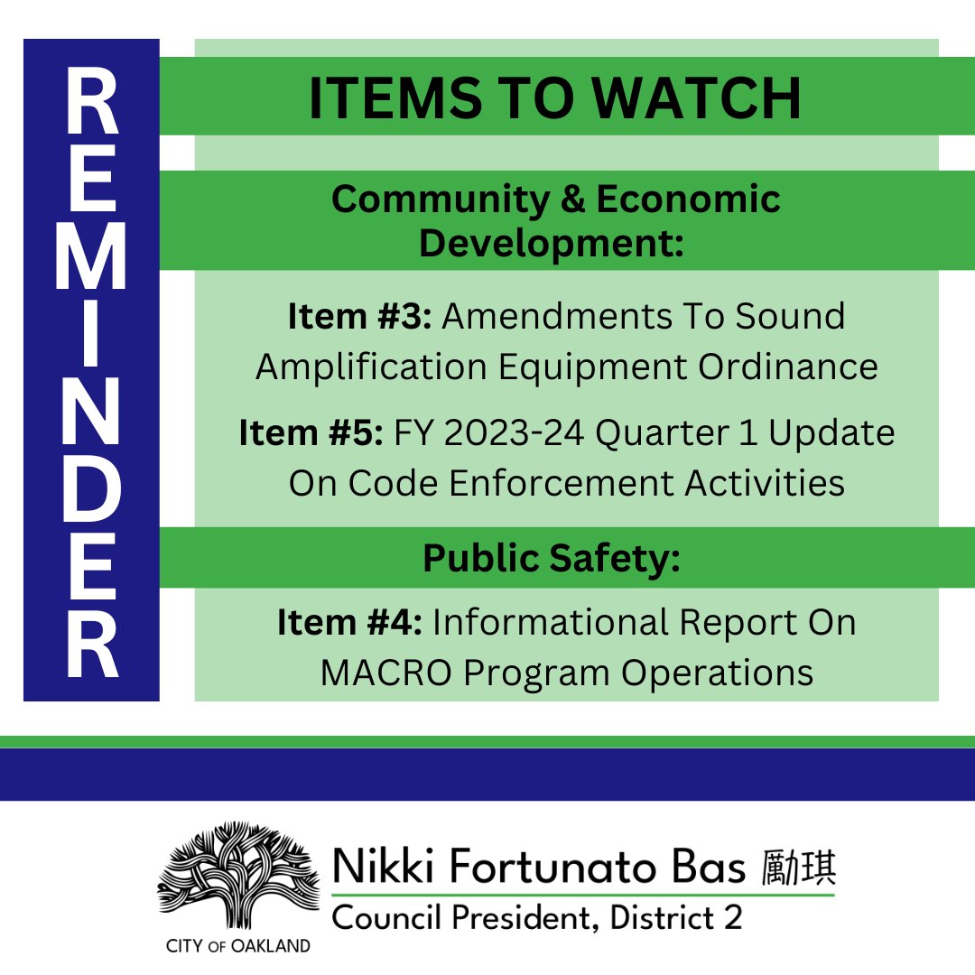 Join our first Committee meetings of 2024 on Tuesday, Jan. 9

See the agendas here: bit.ly/OakMtgCalendar for meeting details and instructions for joining and sharing public comments.