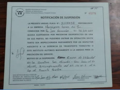 Se procedió  a suspender el vehículo de transporte público, así como la suspensión de la licencia del conductor, de acuerdo a lo establecido  en la Ley.
#08Ene
#GeneralPatriotaAlPanteón