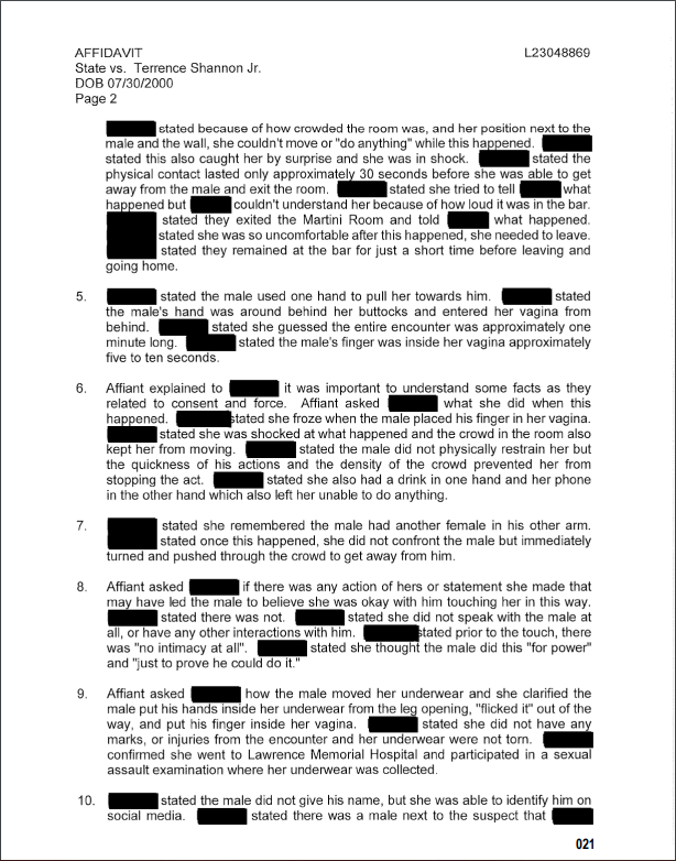 imandyolson's tweet photo. For the first time, here is the sworn affidavit filed in Douglas County, Kan. against Terrence Shannon Jr. by the Lawrence Police Department. 

Content warning: https://t.co/f07oXmhNHA