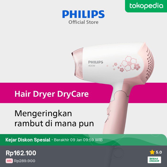 Ada diskon 44% nih jadi Rp162.100. Cek di Tokopedia, deh. Bentar lagi diskonnya berakhir, lho!

Diskon Philips hair dryer
tokopedia.link/5KvIGFeWdtb
