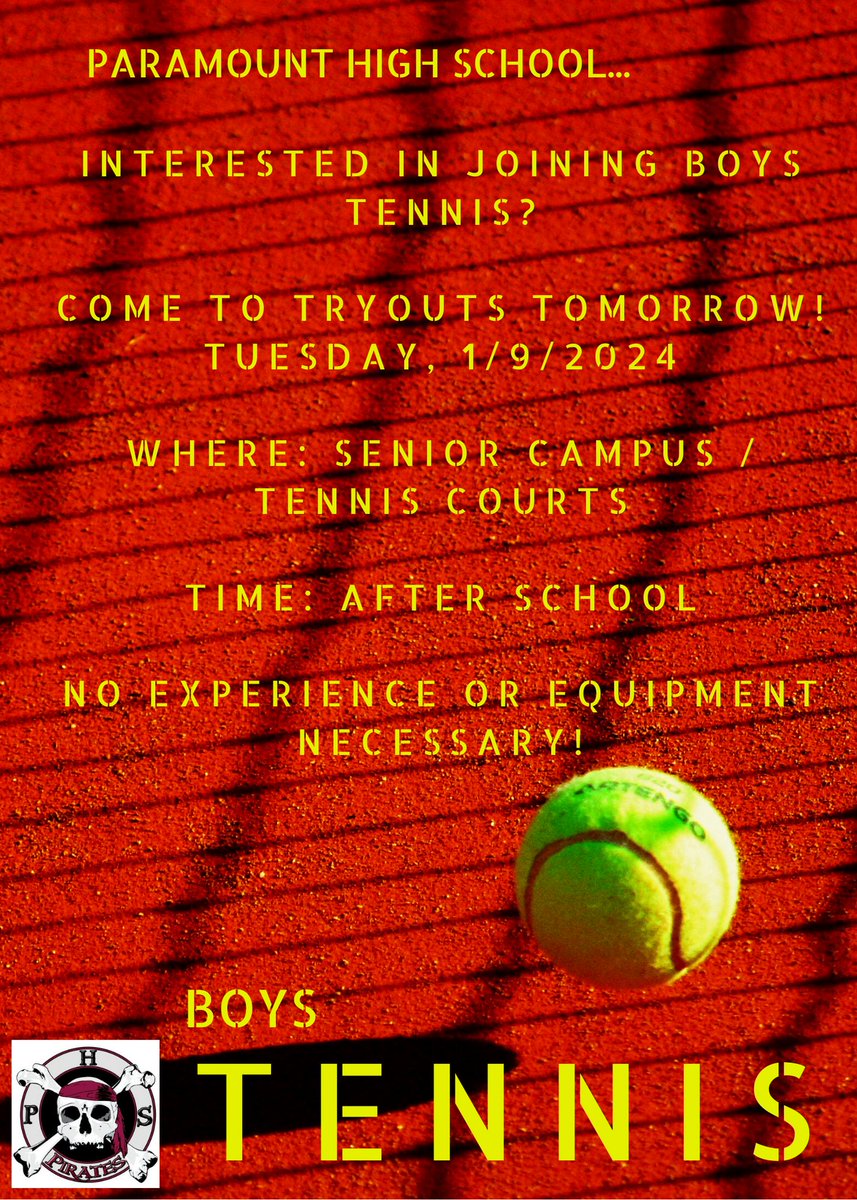 🎾 Calling all Pirates! Interested in playing tennis? 🚀 Don't miss out on the Boys Tennis tryouts happening TOMORROW! No experience or equipment needed. Just bring your game spirit to the Senior Campus courts after school on Tuesday, 1/9. See you there!