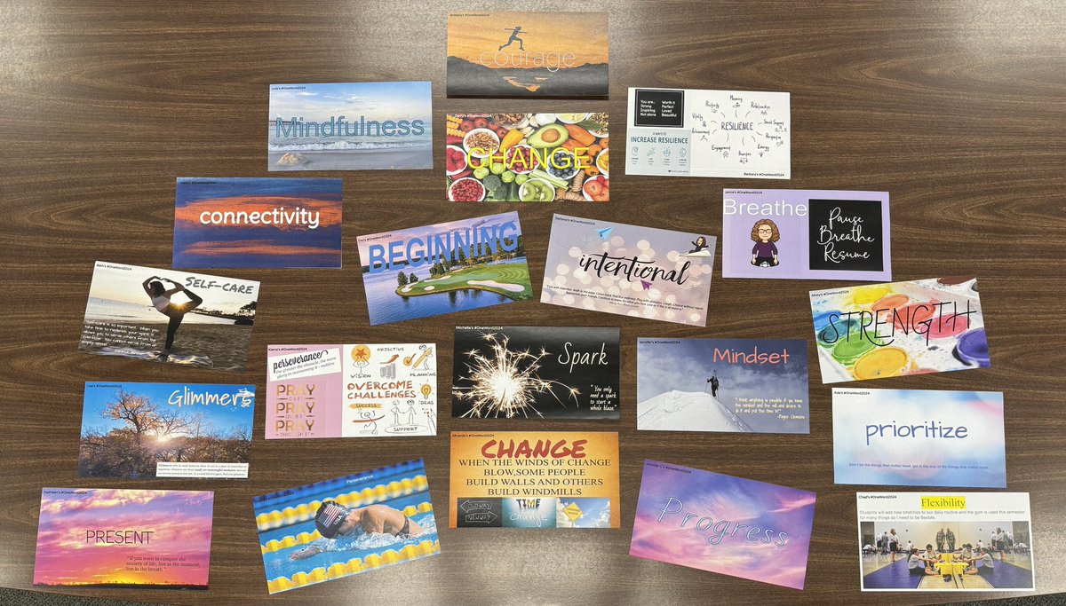 StefaniePitzer's tweet photo. LW staff choose one word instead of a resolution. Resolutions can come &amp; go but one word sticks! 🥳💞Once teachers chose their word, they created posters using Google Slides &amp; they hang in our lounge. What is your #OneWord2024?! #PrincipalOfficeHours #Pitzer2a #momsasprincipals https://t.co/KOyKAyJzVV
