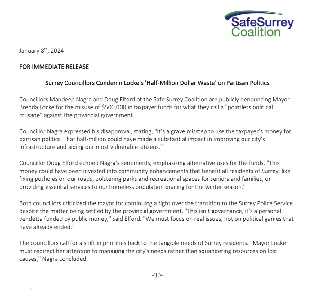 Surrey Councillors Nagra and Elford slam Mayor Locke for squandering half a million taxpayer dollars on a political feud instead of vital city improvements. It’s time for real leadership focused on Surrey’s growth, not costly political games. #bcpoli