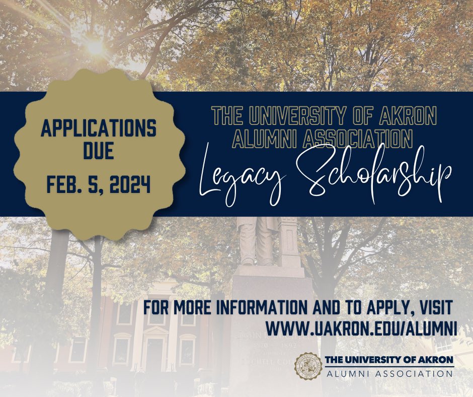 uakronalumni's tweet image. 🚨🌟 The UA Legacy Scholarship Application now open! 🌟🚨

Has your child or grandchild continued your &quot;legacy&quot; as a student at The University of Akron? If so, they might be eligible for the Legacy Scholarship! 🎉