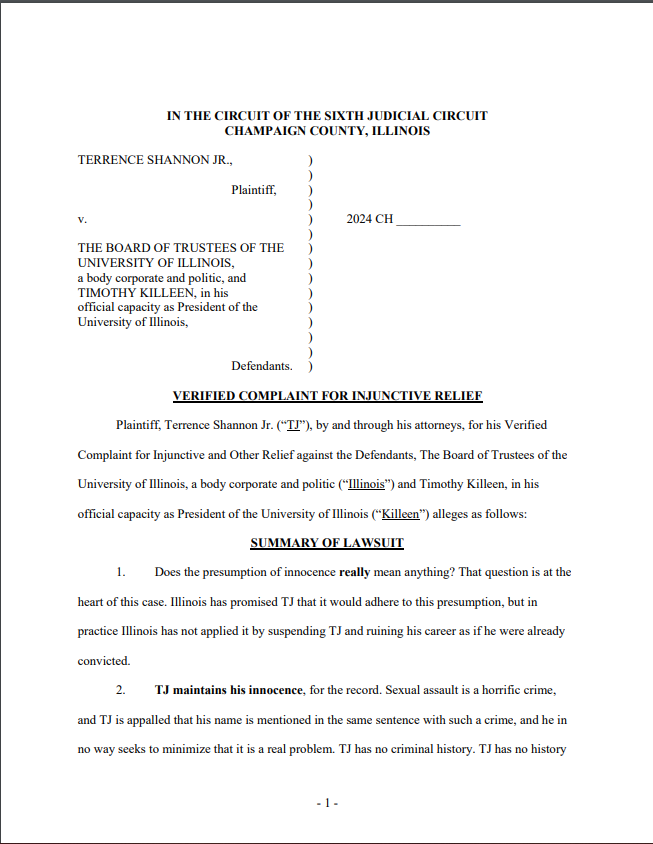 imandyolson's tweet photo. This is the summary of the complaint Shannon filed against the UIUC Board of Trustees in Champaign County today.

Shannon maintains his innocence and is arguing he has not received due process. https://t.co/RgkKJunnxu