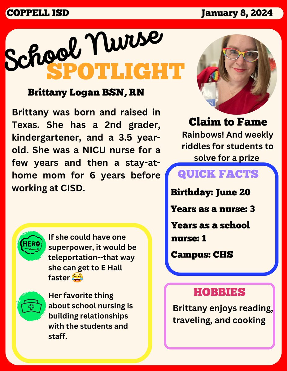 CISDHealth's tweet photo. This week's School Nurse Spotlight showcases Brittany Logan at Coppell High School! #CISDmissionpossible #CISDHealthServices @CoppellHigh https://t.co/Dnqkrcsq76