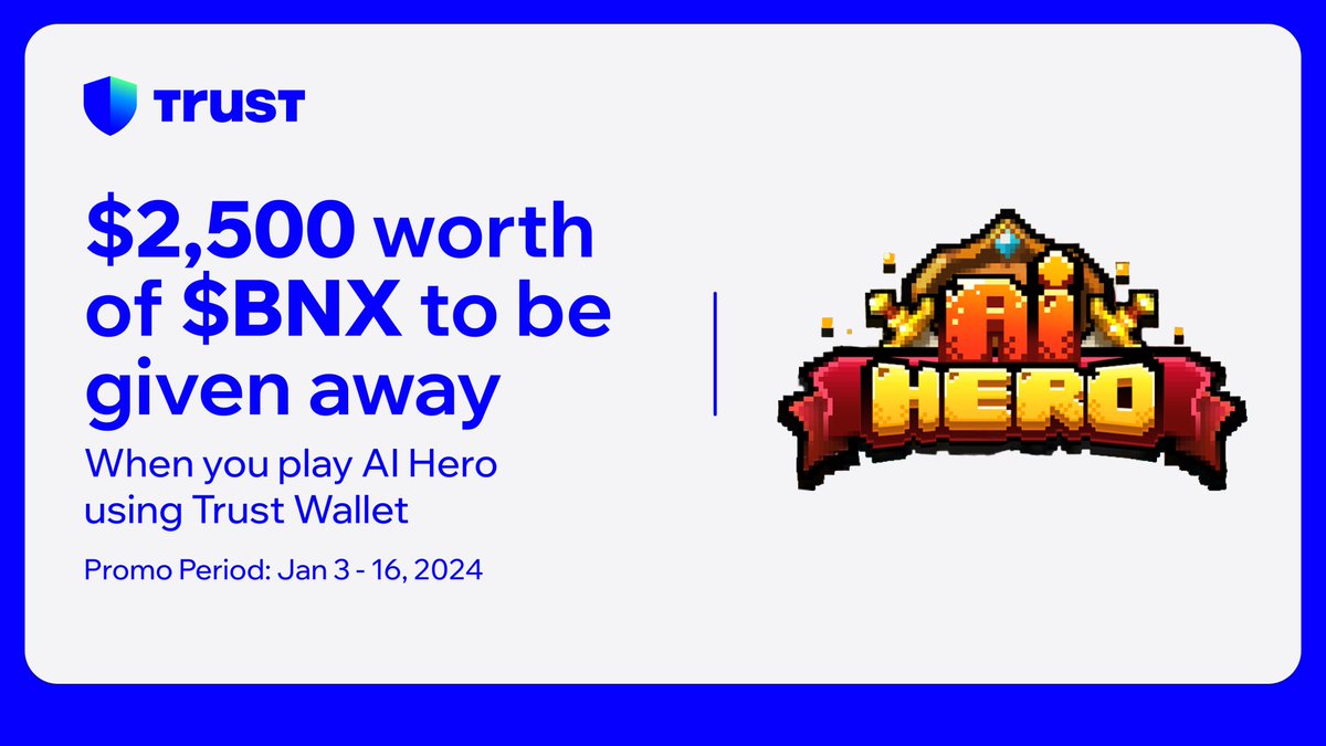 Play AI Hero from @binary_x and be one of the winners of the $2500 $BNX prize pool! 🎉 Exclusive campaign for the SEA community 🎮 #TrustWalletxAiHero To win: 1⃣ Follow, like and reshare 2⃣Register: form.jotform.com/233472055208452 3⃣ Play #AiHero using @TrustWallet:…