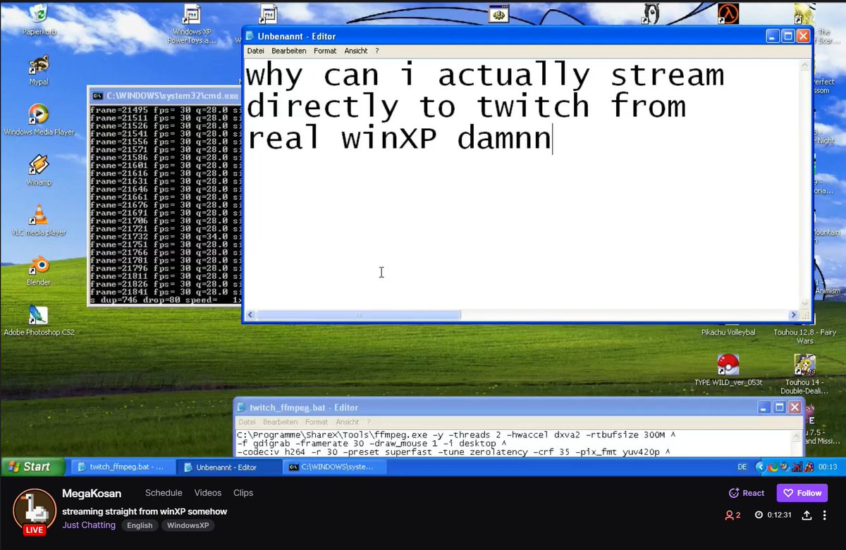 Been playing around with an old PC I've cleaned up and was surprised I was able to decently stream to twitch from it. (I was just tryin to get a stream to my PC to show on discord)
The Core 2 Quad inside was sweating but managed to do the whole 720p 30fps stream decently enough.
