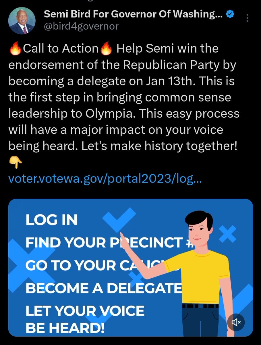 Susan_Dupres's tweet image. WASHINGTON STATE

▪︎ CALL TO ACTION ▪︎ 

Help Semi Bird for WA Governor win the endorsement of the WA GOP by becoming a delegate on Jan. 13.

Find your precinct &amp;amp; attend your Precinct Caucus on Saturday, Jan. 13.

Instructions below -

#BirdForGovernor 
#PrecinctCaucus