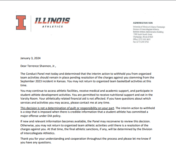 imandyolson's tweet photo. Just In: Terrence Shannon Jr.'s suspension was upheld by the Board of Trustees panel last week.

Per University policy, this panel had to be put together within 48 hours of Shannon's suspension to determine whether or not to keep it in place. https://t.co/SqLVOEnzca