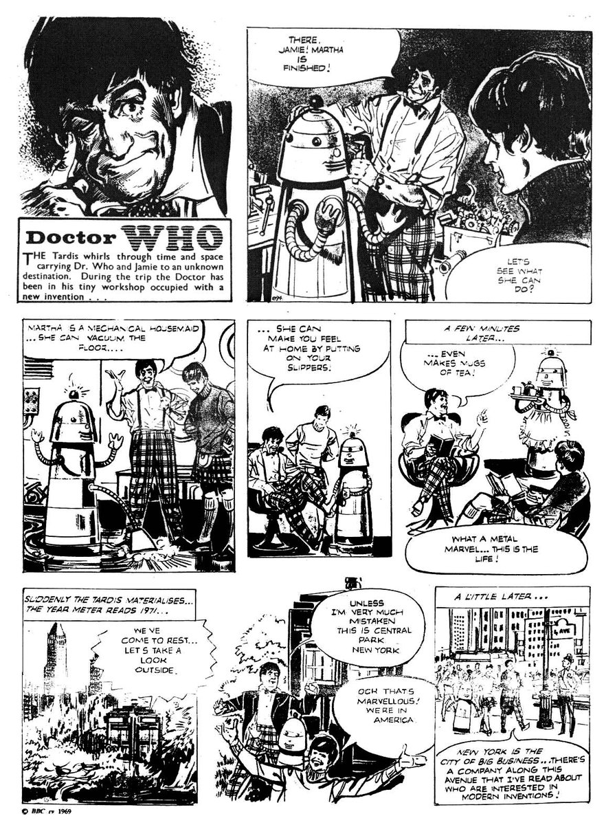 Doctors_Beard's tweet image. There I times I wish we&apos;d never took a look at the comics. This is one of them. The Doctor invents a robot cleaning maid and sells it to Madison Avenue.
#comics #doctorwho #robotmaid #madisonavenue #scifi