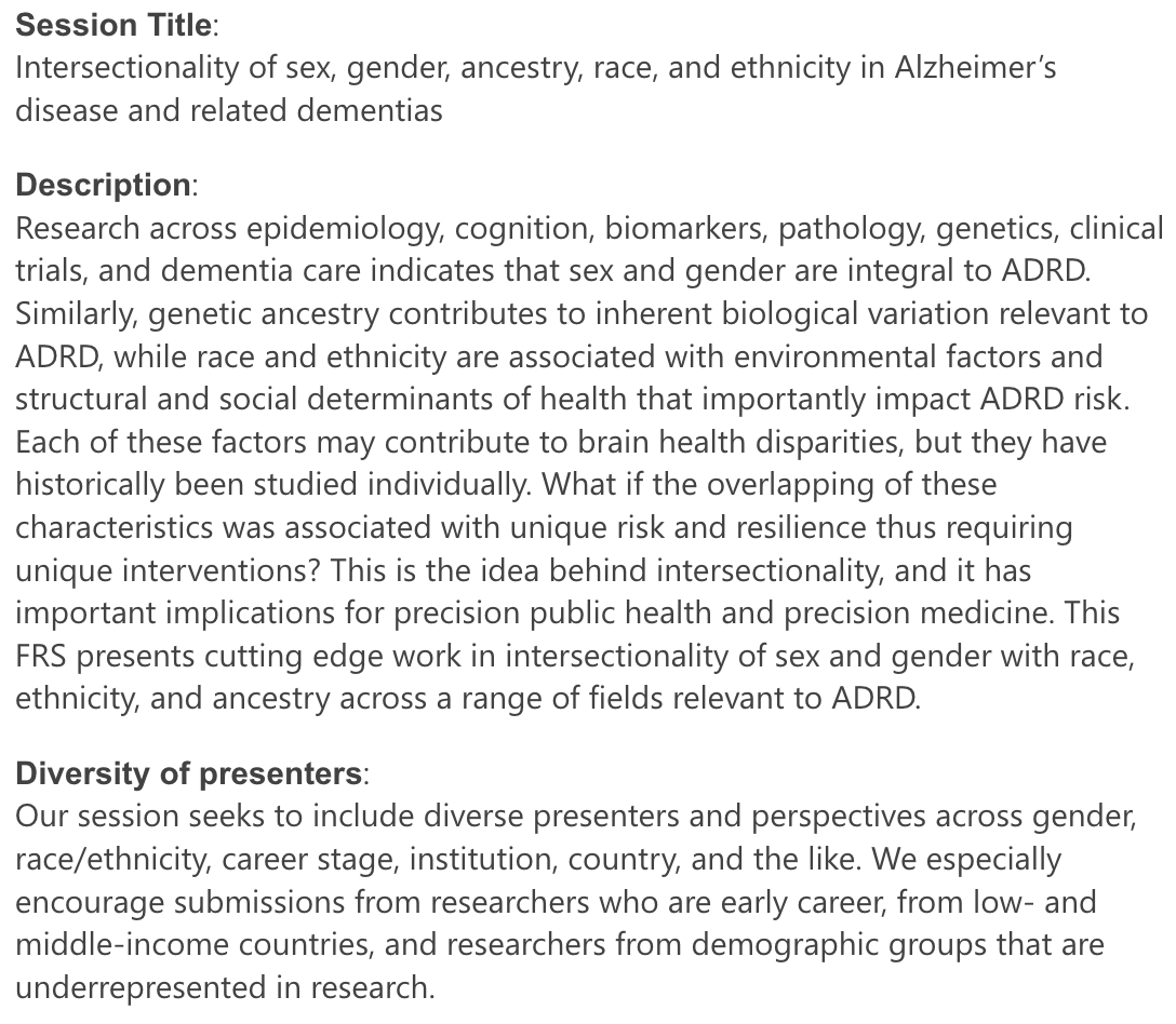 The deadline for abstract submission for our #AAIC 2024 featured research session is extended to 01/15/24.
 If your research is around 'Intersectionality of sex, gender,  race, ethnicity, and ancestry in ADRD', please submit!
#SexAndGender #DiversityAndDisparity #Alzheimers
