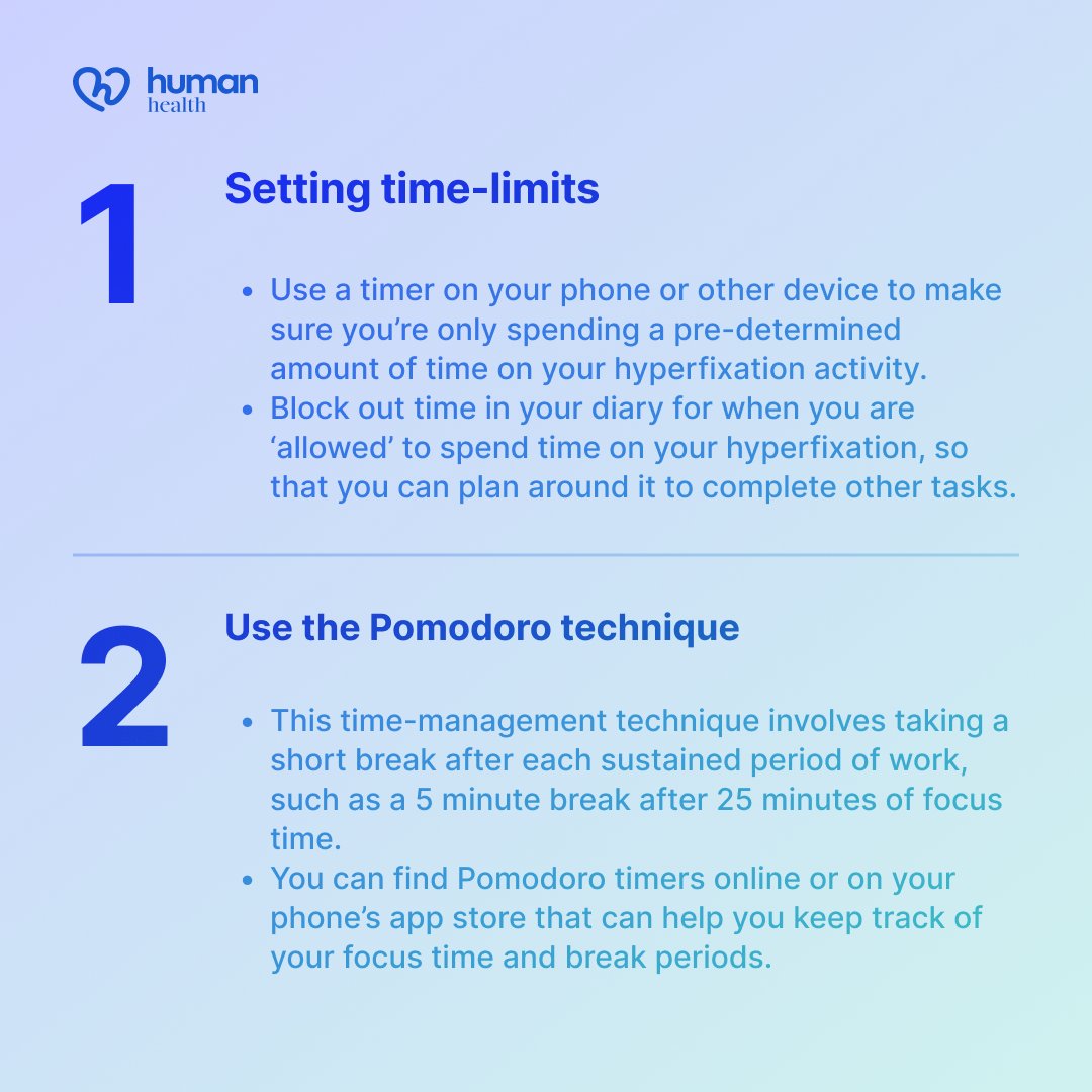 Humanhealth_'s tweet image. Whilst #hyperfixation can make you extremely productive, it sometimes means you neglect tasks related to your own needs. 🥗😴
Here are some strategies you can put in place to manage your hyperfixation. Read the full blog here: human.health/blog/hack-adhd…
#ADHD #adhdsupport