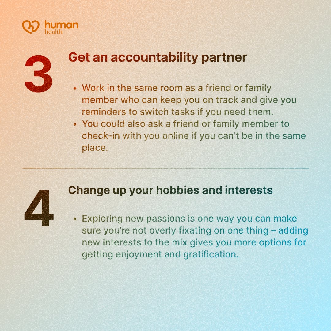 Humanhealth_'s tweet image. Whilst #hyperfixation can make you extremely productive, it sometimes means you neglect tasks related to your own needs. 🥗😴
Here are some strategies you can put in place to manage your hyperfixation. Read the full blog here: human.health/blog/hack-adhd…
#ADHD #adhdsupport