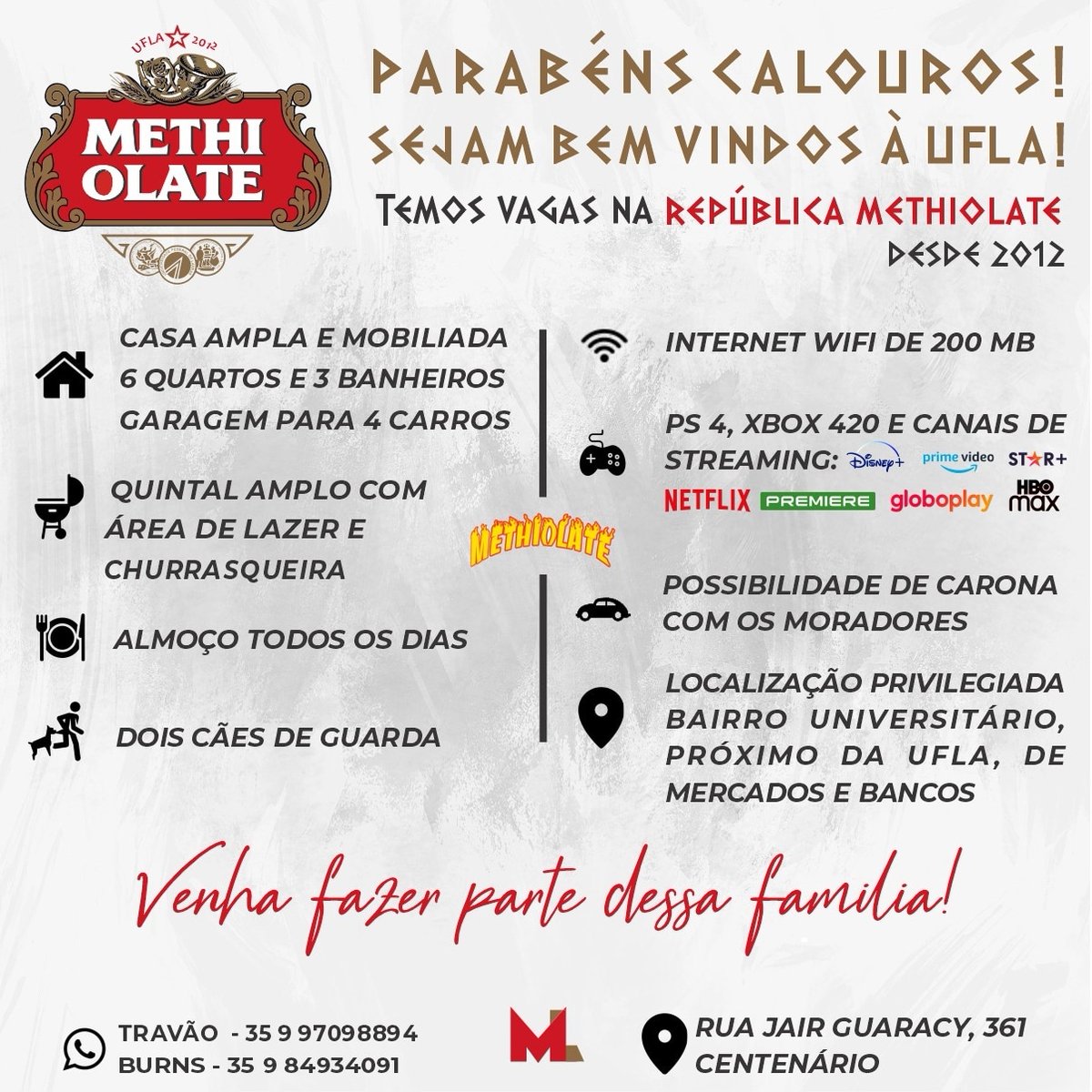 RepMethiolate's tweet photo. Parabéns pela aprovação na UFLa e seja bem vindo a Lavras. Nós da Methiolate estamos com vagas pra calouros pro proximo período. Cola pra conhecer a gente e tomar uma!🔥🍻
#sisu #pas #lavras #república #passei #ufla https://t.co/6F4ZkDBbuz