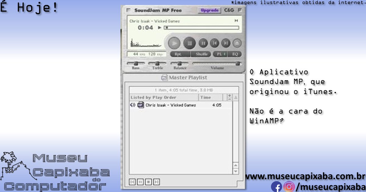 museucapixaba's tweet photo. É hoje!
O aplicativo Apple iTunes de 2001
+em https://t.co/sjomec3Onc
#MuseuCapixaba #mcc #éhoje #museu #retro #geek #iPod #iTunes #SoundJamMP #iTunesMusicStore #Apple #Macintosh #MacOS #Macworld #AppleMusic #ApplePodcasts #AppleTV #MP3 #Música #Podcast #Streaming https://t.co/DoG19SilNI