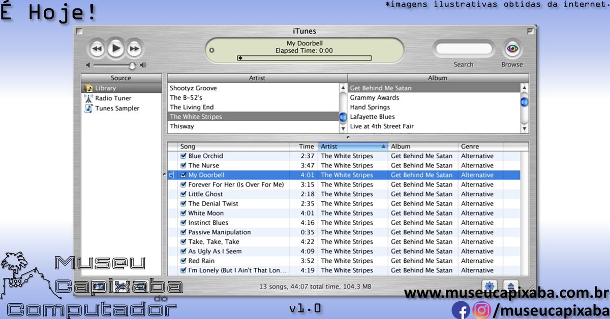 museucapixaba's tweet photo. É hoje!
O aplicativo Apple iTunes de 2001
+em https://t.co/sjomec3Onc
#MuseuCapixaba #mcc #éhoje #museu #retro #geek #iPod #iTunes #SoundJamMP #iTunesMusicStore #Apple #Macintosh #MacOS #Macworld #AppleMusic #ApplePodcasts #AppleTV #MP3 #Música #Podcast #Streaming https://t.co/DoG19SilNI