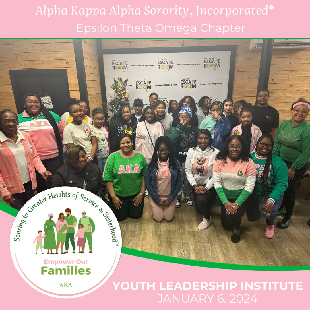 eto_aka's tweet photo. On Saturday, January 6, 2024, Epsilon Theta Omega hosted our YLI students at the Beaumont Escape Room.

AKA YLI is a youth-led and highly interactive leadership development program designed to empower and engage youth, ages 11-13.

#SoaringWithAKA #AKAETO #AKA1908 https://t.co/uM2DdkrLcH