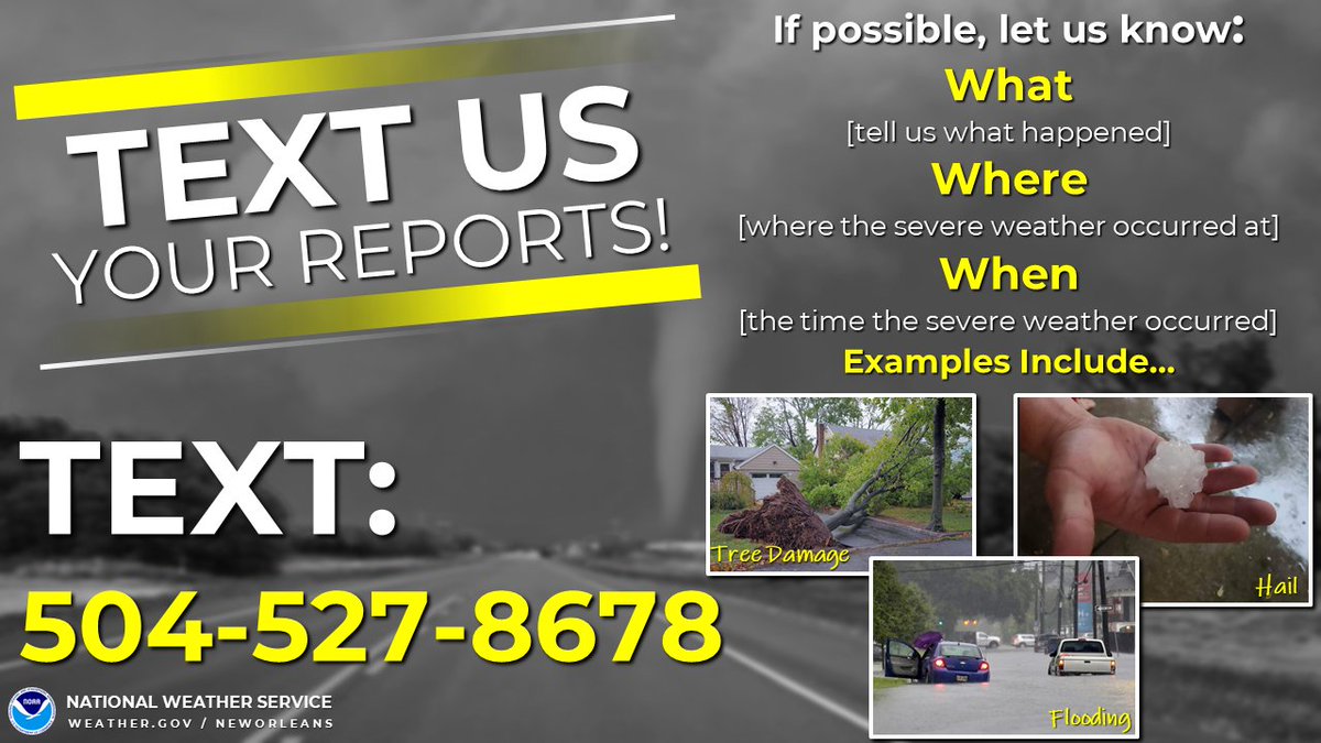 NWSNewOrleans's tweet photo. ➡️ Did you see severe weather from storms earlier this evening? Hail? Storm damage? Flooding? Feel free to text us reports or pictures and in case you encounter any additional severe weather overnight, send us reports! #lawx #mswx https://t.co/tCHTI0uQrG