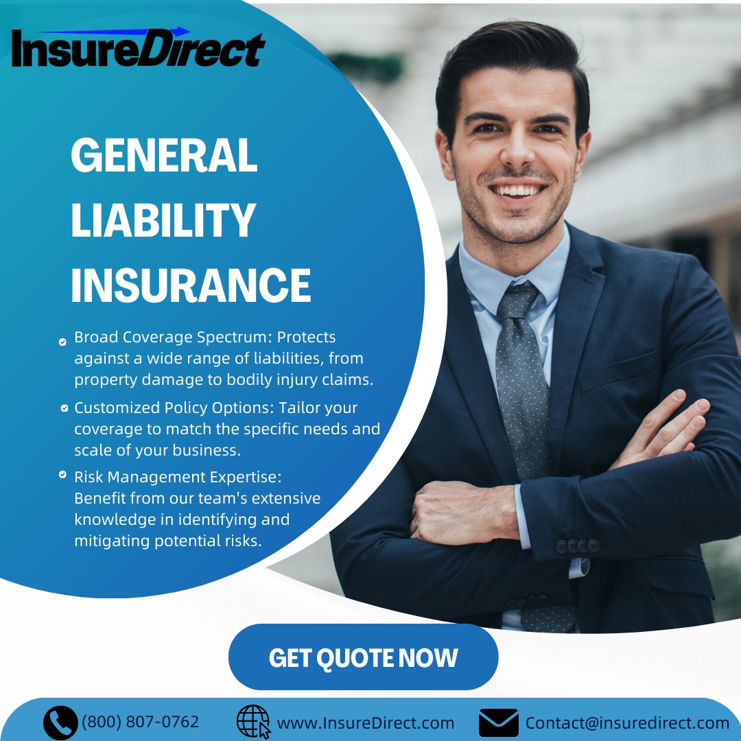 InsureDirectCom's tweet image. Looking for top-tier General Liability Insurance? 🛡️💼 InsureDirect.com has you covered with custom policies &amp;amp; expert risk management. Get a quote now: insuredirect.com/general-liabil… or call (800) 807-0762. Protect your business today! #InsureDirect #BusinessInsurance