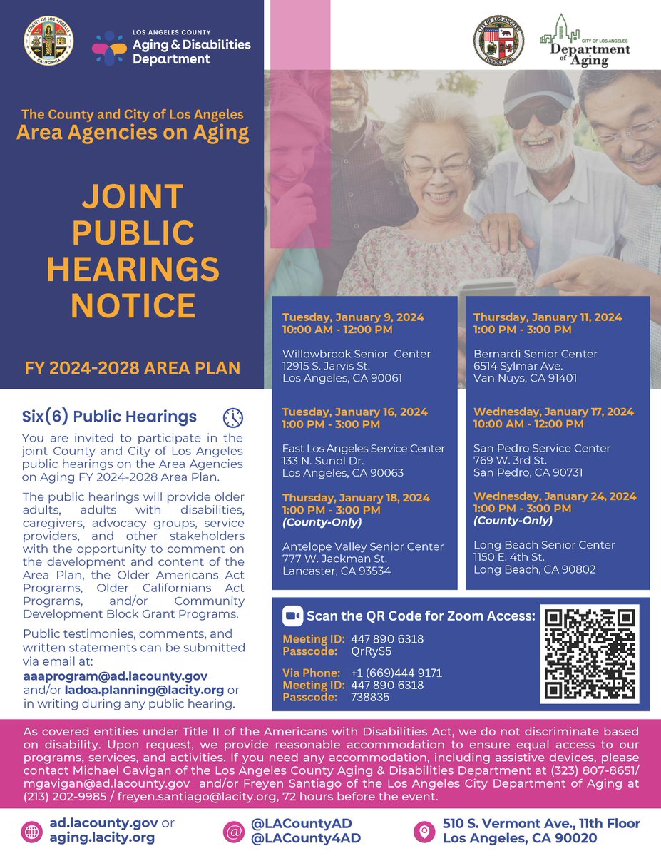 We need your input ✍️🗣️ older adults, adults with disabilities, and caregivers! You are invited to join @LACountyAD and @LACity public hearings on the Area Agencies on Aging Fiscal Year 2024-2028 Area Plan. Attend in person, online via Zoom, or livestream. #PublicHearings